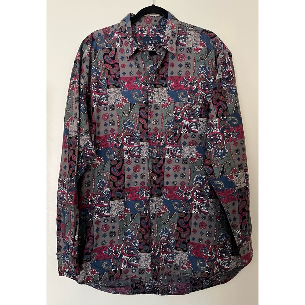 Vintage 90s ENRO Paisley Pathwork Print Button Shirt Size Large Tall Retro